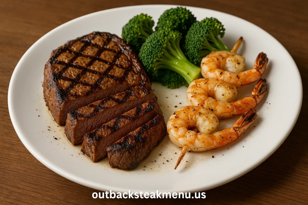 Outback gluten free menu featuring grilled steak with shrimp and steamed vegetables served safely