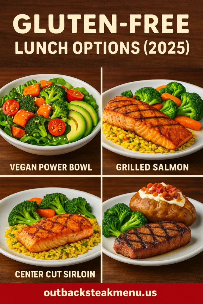 Realistic collage showing gluten-free Outback Steakhouse lunch options including vegan power bowl, grilled salmon, center-cut sirloin, and baked potato, with outbacksteakmenu.us branding