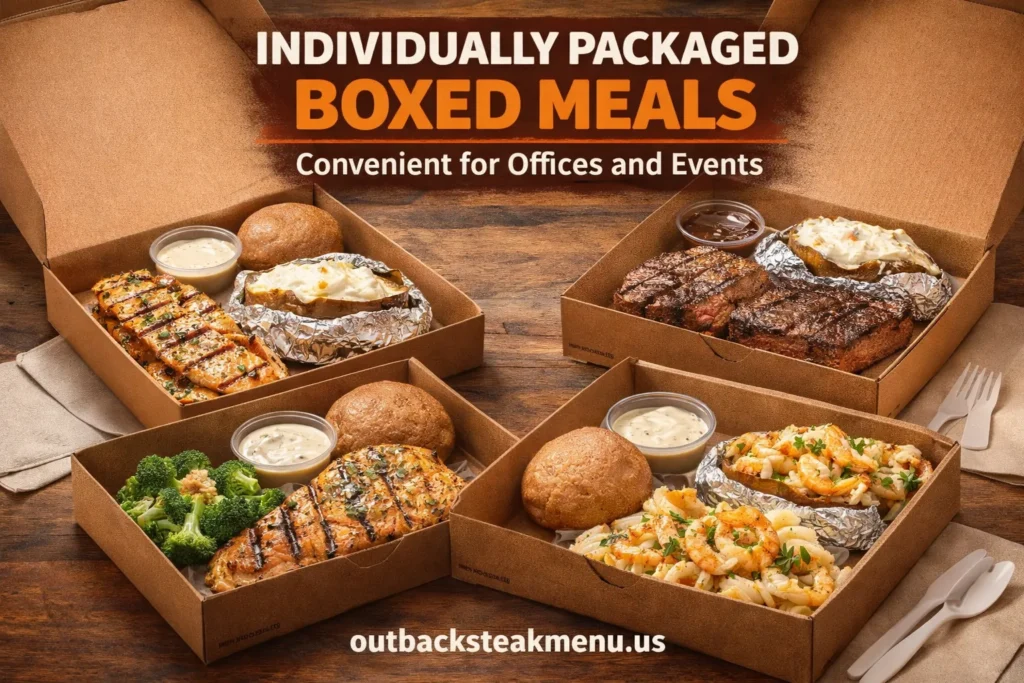 Individually packaged Outback Steakhouse catering meals including steak, grilled chicken, salmon, and fresh sides for office lunches and events