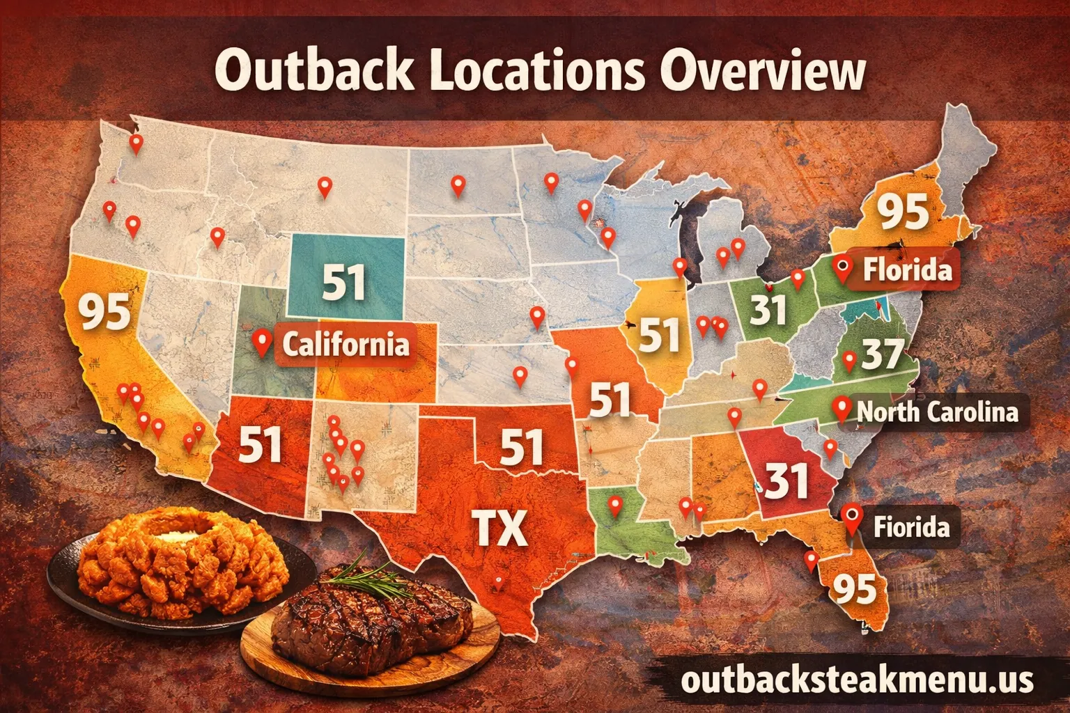 Outback locations overview map showing Outback Steakhouse restaurants by U.S. state