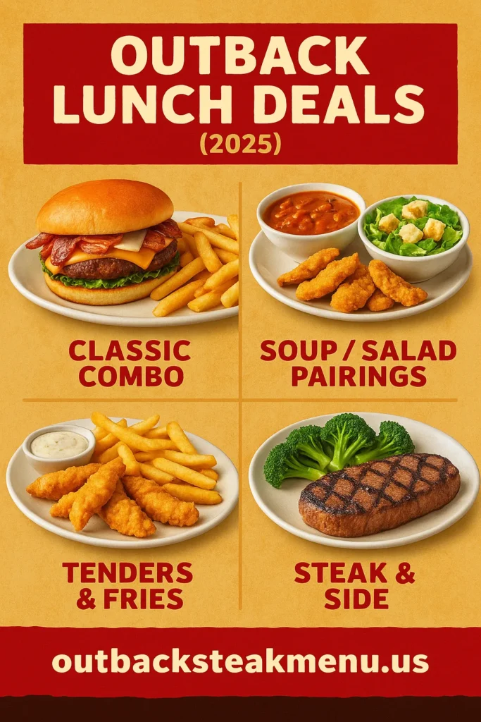 Infographic showing Outback Steakhouse lunch deals for 2025, including classic combo, soup and salad pairings, tenders and fries, and steak with broccoli, branded with outbacksteakmenu.us