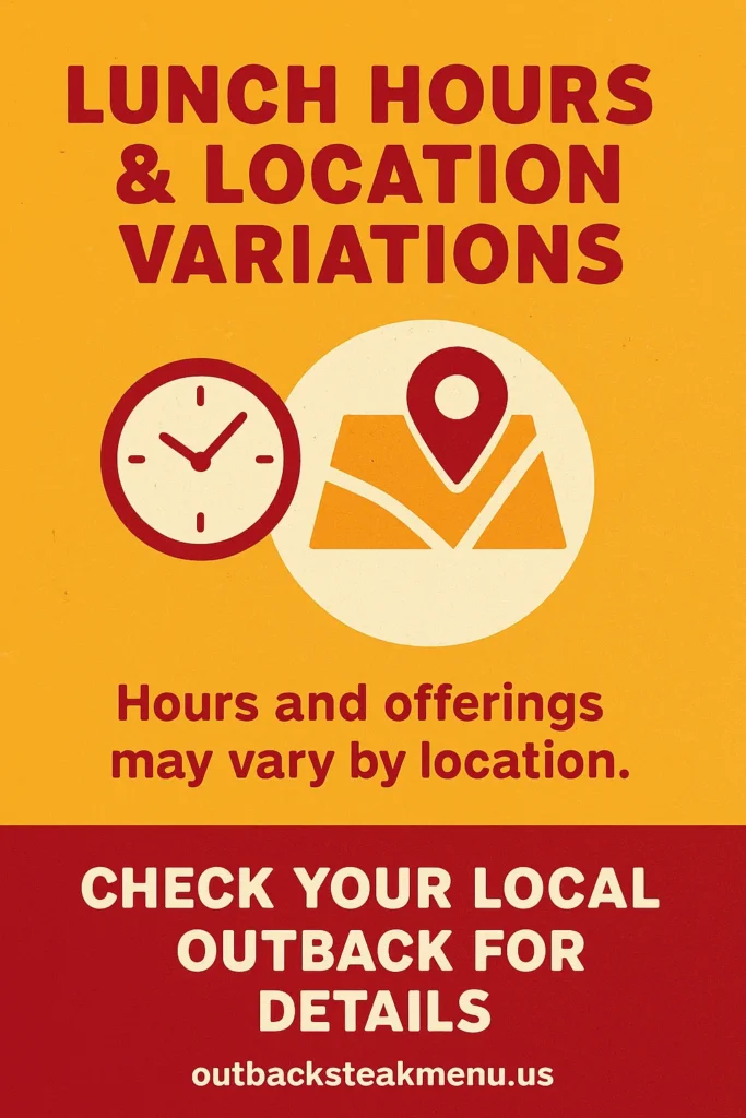 Infographic explaining Outback Steakhouse lunch hours and location variations, featuring icons of a clock and map, and branding for outbacksteakmenu.us