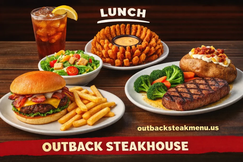 High-quality Outback Steakhouse lunch platter featuring steak, burger, fries, salad, Bloomin’ Onion, baked potato, and iced tea with outbacksteakmenu.us branding