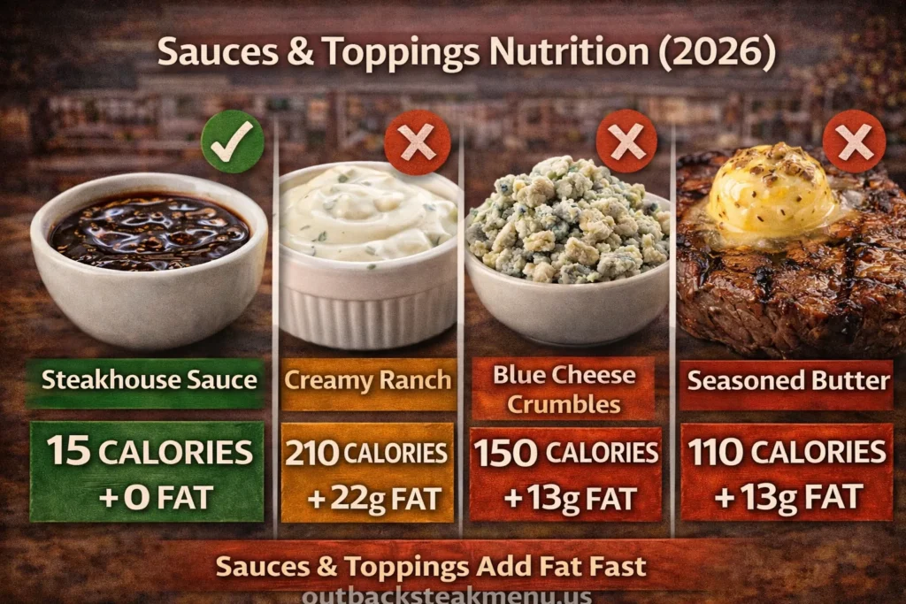 Outback Steakhouse sauces and toppings nutrition infographic 2026 showing calories and fat for steakhouse sauce, ranch, blue cheese crumbles, and seasoned butter