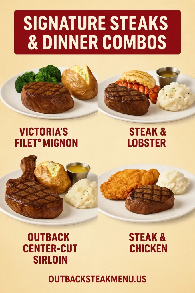 Outback Signature Steaks and Dinner Combos infographic featuring Victoria’s Filet Mignon, steak and lobster, center-cut sirloin, and steak and chicken meals