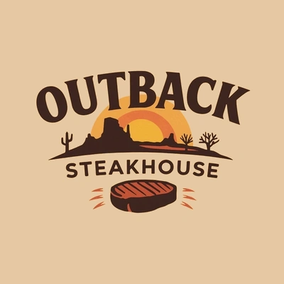Rustic Outback Steak Menu logo with desert sunset, mesa silhouette, trees and grilled steak icon on a warm beige background