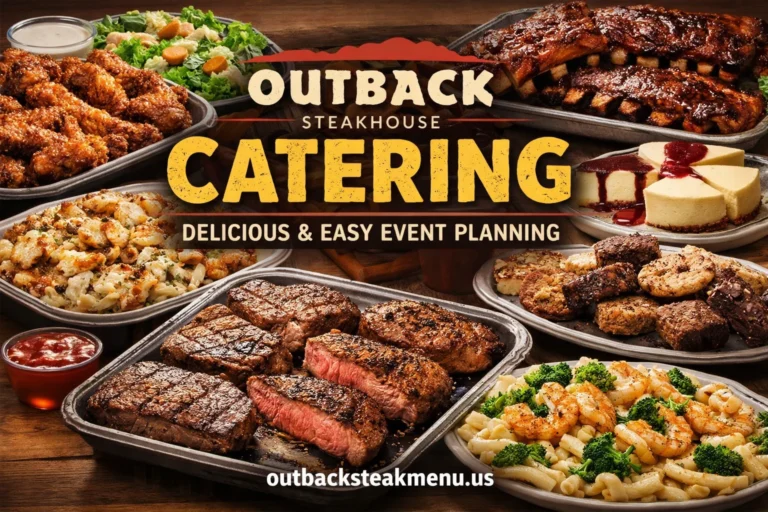 Outback Steakhouse catering menu with party platters, steaks, chicken, salads, and sides for events