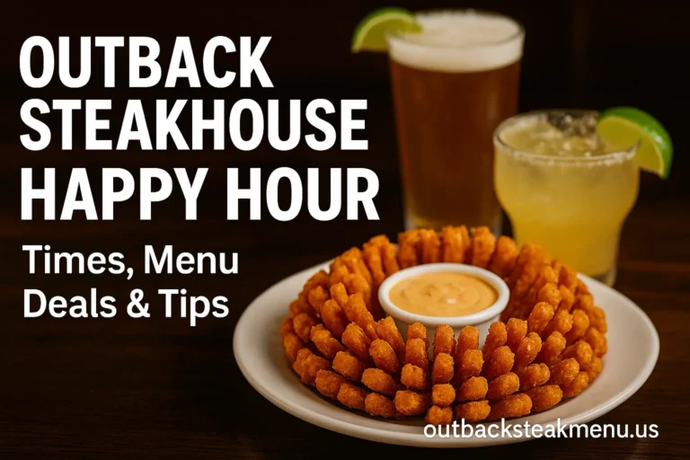 Outback Steakhouse happy hour banner showing drinks and a Bloomin' Onion with times, menu deals, and tips