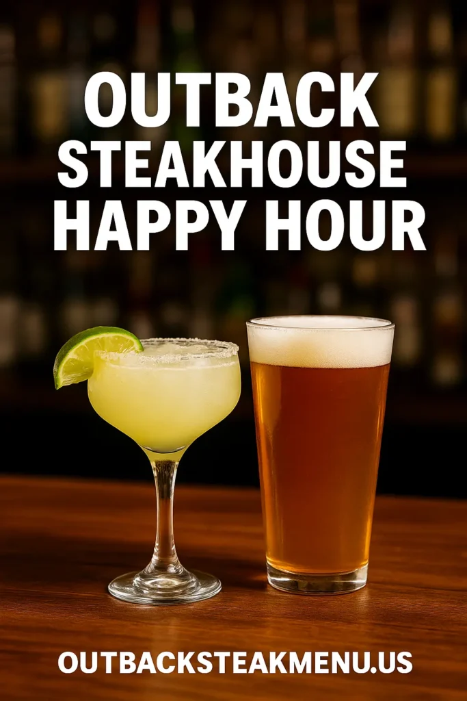 Outback Steakhouse happy hour times and drink specials image with beer, margarita, and outbacksteakmenu.us text