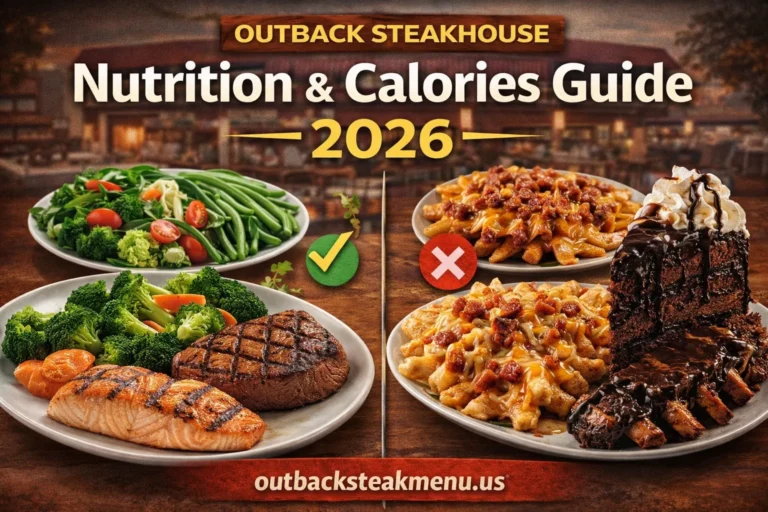 Outback Steakhouse nutrition and calories guide 2026 showing healthy meal options vs indulgent items like fries and dessert