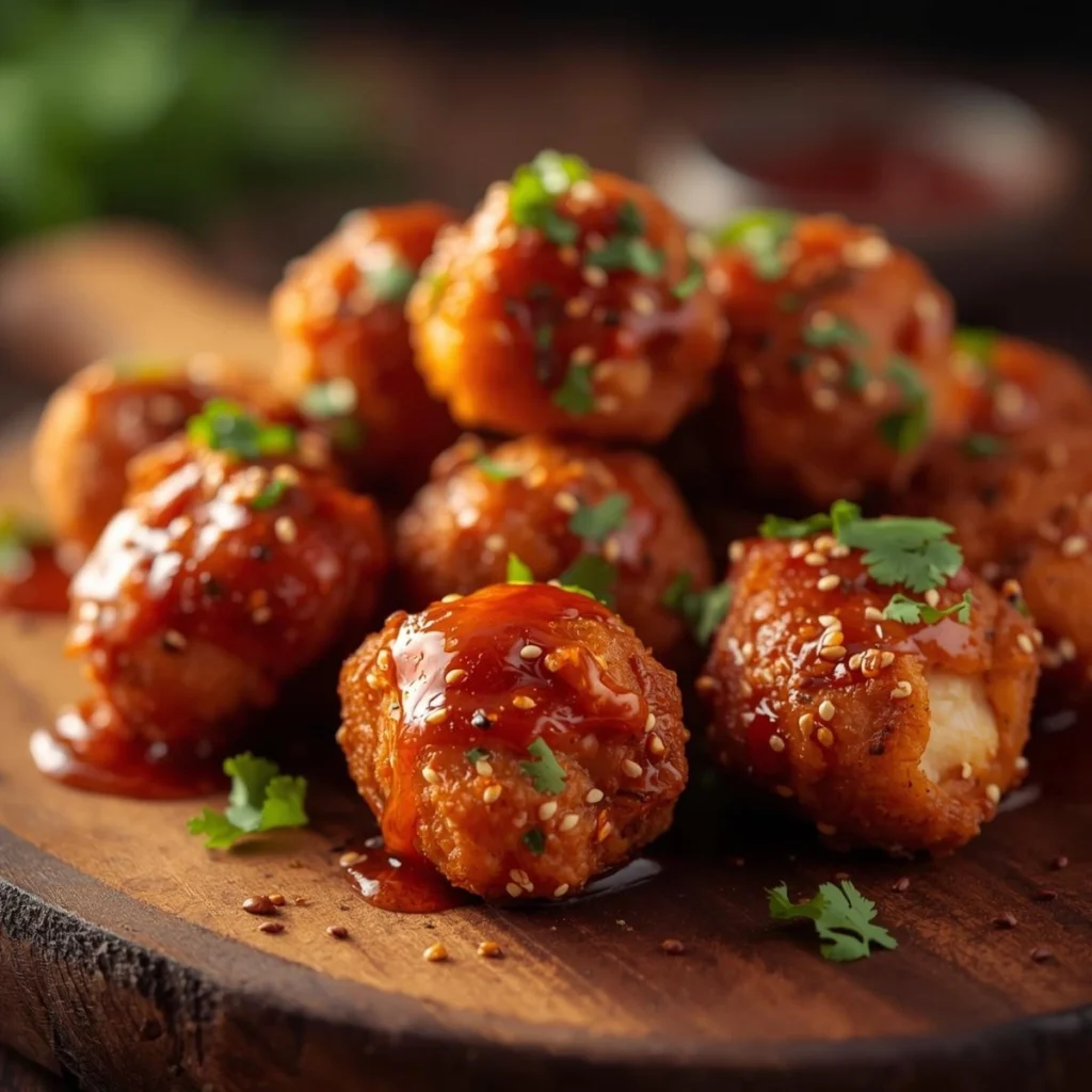 Sweet Sriracha Chicken Bites covered in spicy sriracha glaze with sesame seeds and fresh cilantro on a wooden serving board