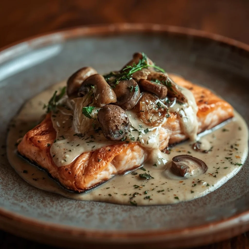 Toowoomba Salmon fillet from Outback Steakhouse topped with creamy shrimp and mushroom sauce on a rustic plate