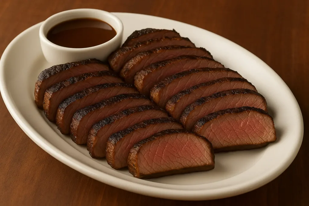 Outback Center-Cut Sirloin Party Platter (30 oz) featuring sliced medium-rare sirloin steak arranged on an oval platter with a side of rich steak sauce.