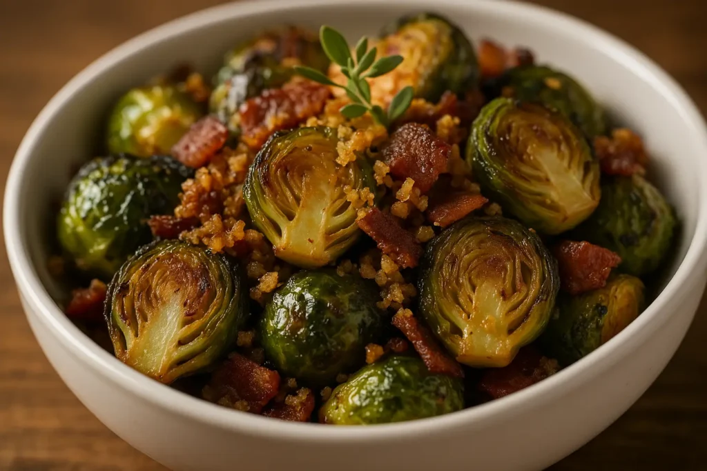 Over-the-top Brussels sprouts roasted to golden brown, tossed with crispy bacon and toasted breadcrumbs, served in a white bowl.