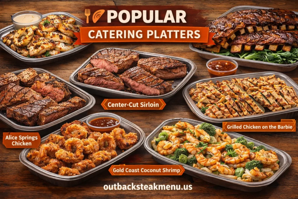 Outback Steakhouse catering popular platters featuring steak, chicken, ribs, shrimp, salads, and sides for group events