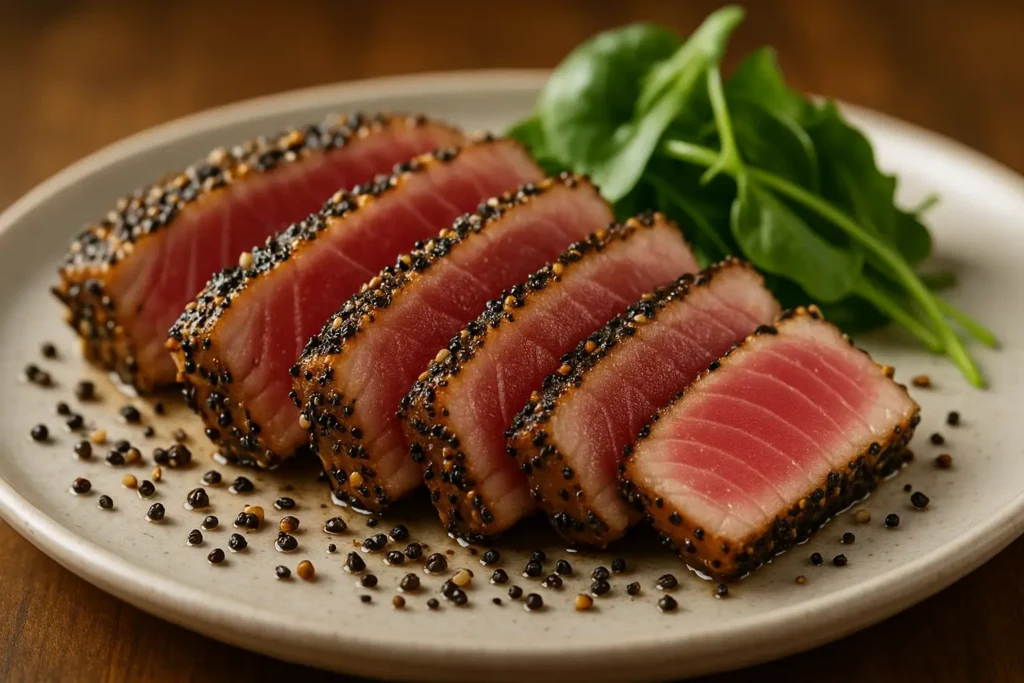 Sliced seared peppered ahi tuna with a black pepper crust, served on a plate with fresh greens and garnished for a premium seafood presentation.
