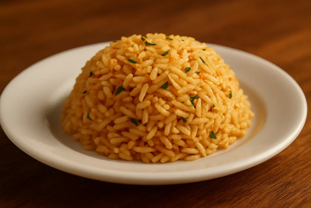 Fluffy seasoned rice shaped into a mound, garnished with fresh herbs and served on a white plate over a wooden table.