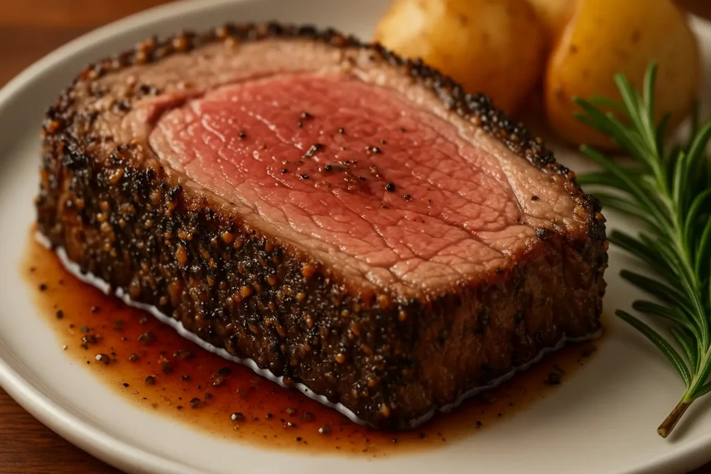 Seasoned and seared prime rib with a peppered crust, cooked medium-rare and served with potatoes and fresh rosemary on a white plate.