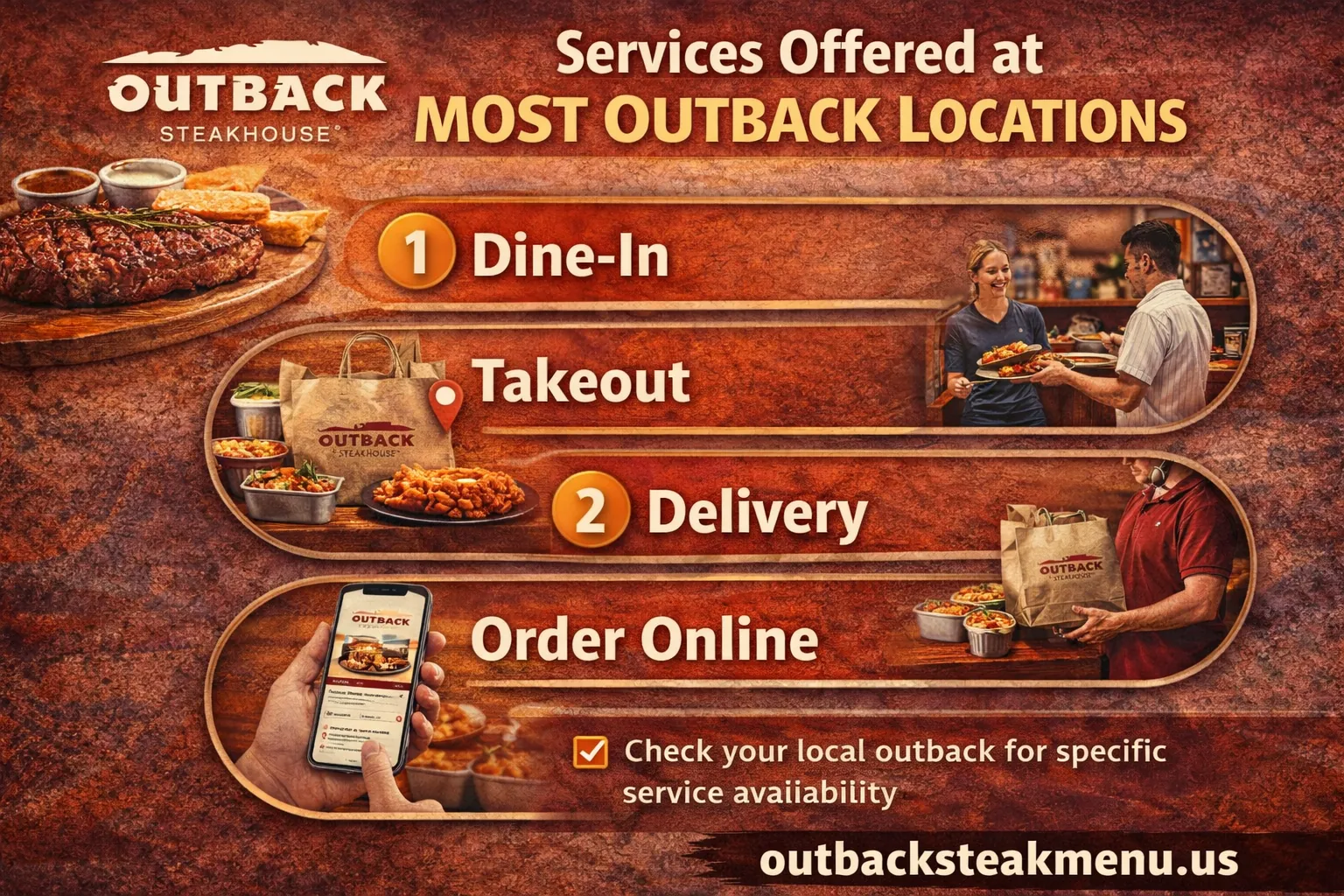 Services offered at most outback locations including dine-in, takeout, delivery, and online ordering