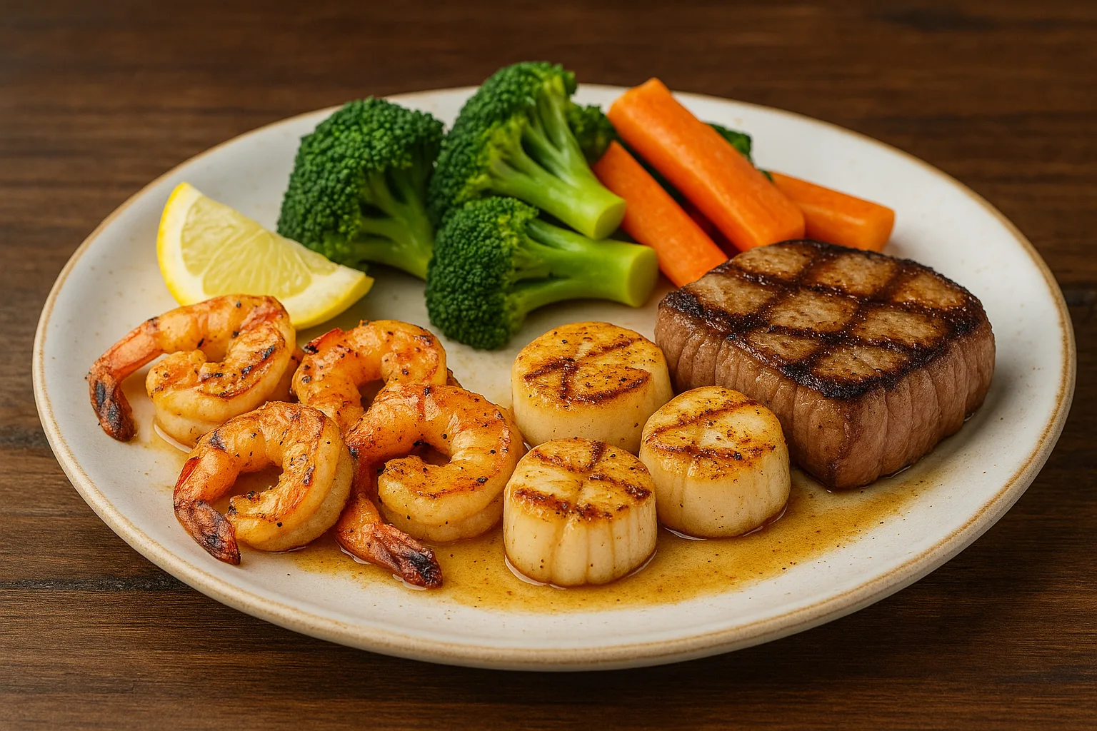 Outback Steakhouse Shrimp & Scallop Combo served with grilled shrimp, seared scallops, fresh broccoli, and carrots on a classic lunch plate.