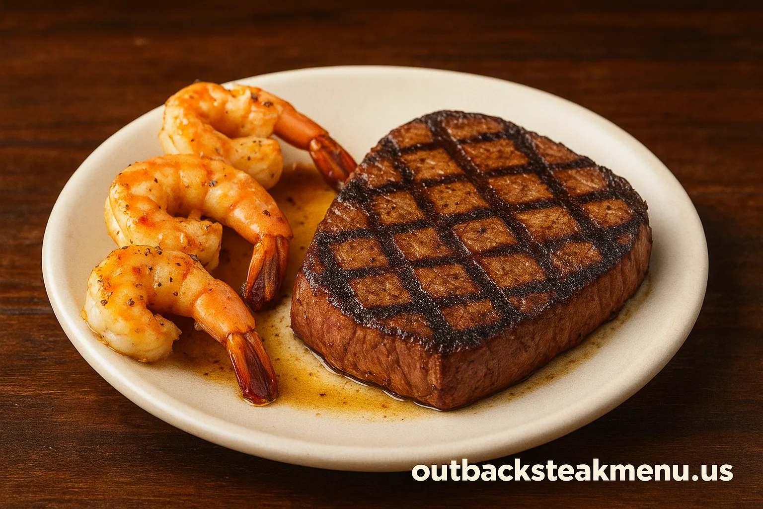 Grilled sirloin steak with perfect grill marks served with seasoned shrimp on a white plate, restaurant-style presentation with outbacksteakmenu.us branding