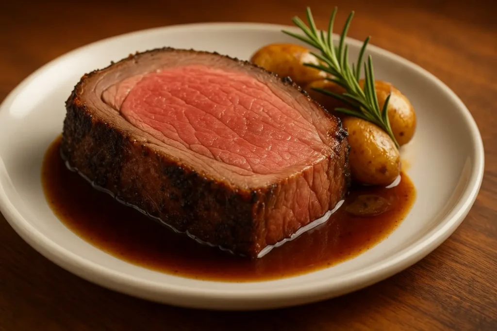 Slow roasted prime rib with a tender medium-rare center, served with roasted baby potatoes and fresh rosemary on a white plate.