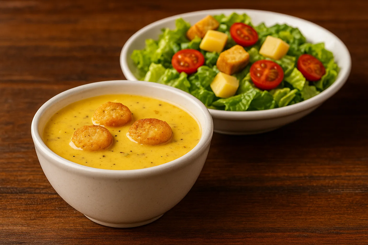Outback Steakhouse Soup and Salad Combo featuring creamy soup with croutons and a fresh garden salad with tomatoes and cheese.