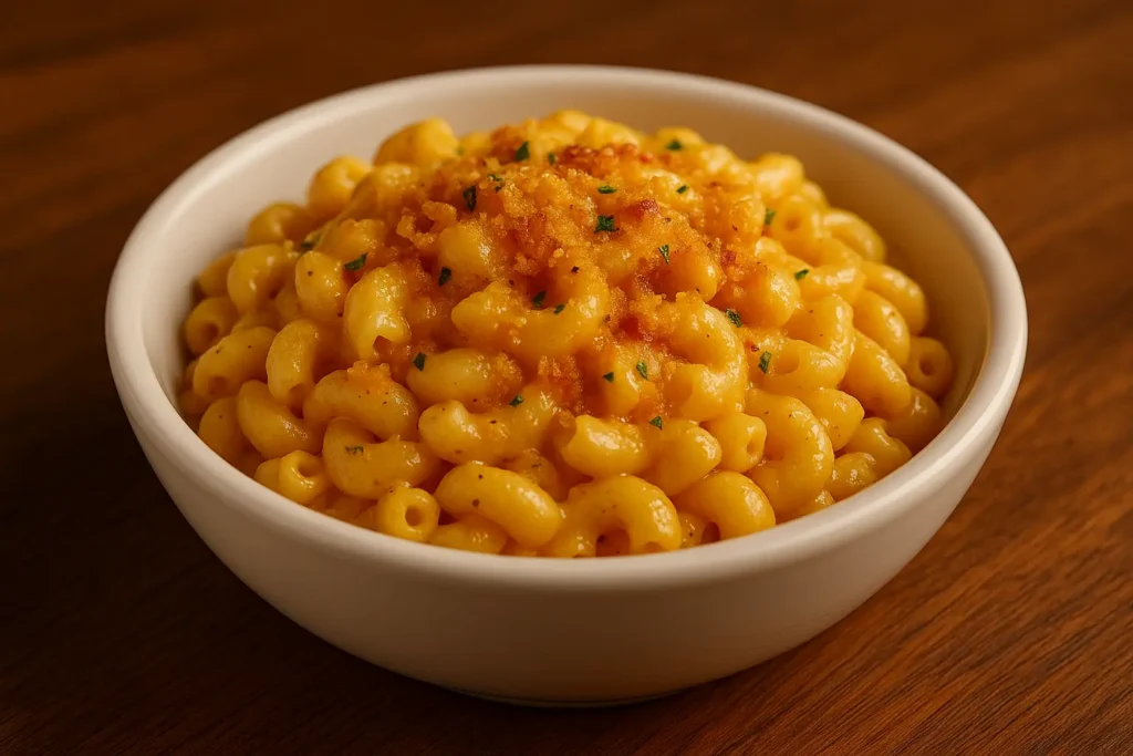 Steakhouse mac and cheese in a white bowl, featuring creamy elbow macaroni topped with golden toasted breadcrumbs and fresh herbs.