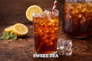 Sweet tea served over ice in a tall glass with lemon slice, refreshing southern-style iced tea