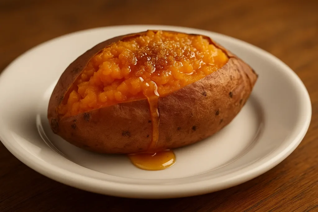 Baked sweet potato topped with honey and brown sugar, served on a white plate over a wooden table.