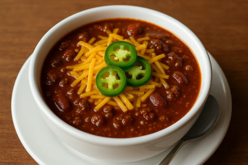 Tasmanian chili from the Outback gluten free menu served with melted cheese and fresh jalapeño topping