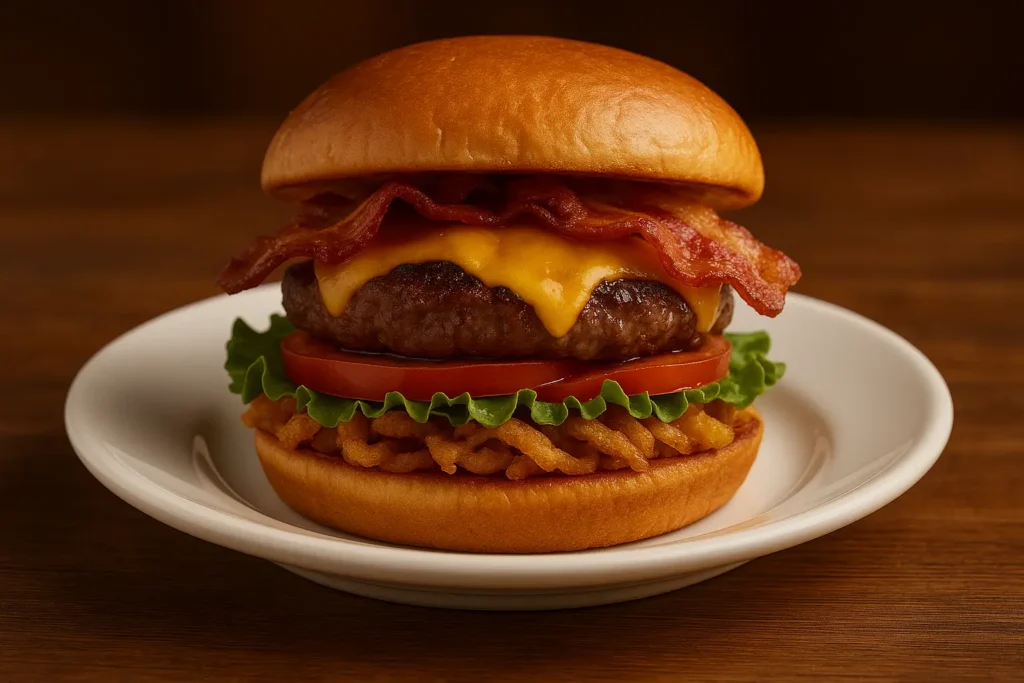 The Bloomin’ Burger featuring a juicy beef patty with melted cheese, crispy bacon, fresh lettuce, tomato slices, and fried onion petals on a toasted brioche bun, served on a white plate.