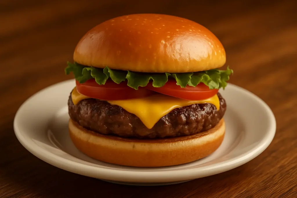 The Outbacker Burger with a juicy beef patty, melted American cheese, fresh lettuce, and tomato on a toasted brioche bun, served on a white plate.