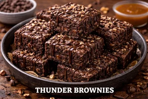 Thunder Brownies featuring fudgy chocolate brownies topped with chocolate drizzle, nuts, and chocolate chips