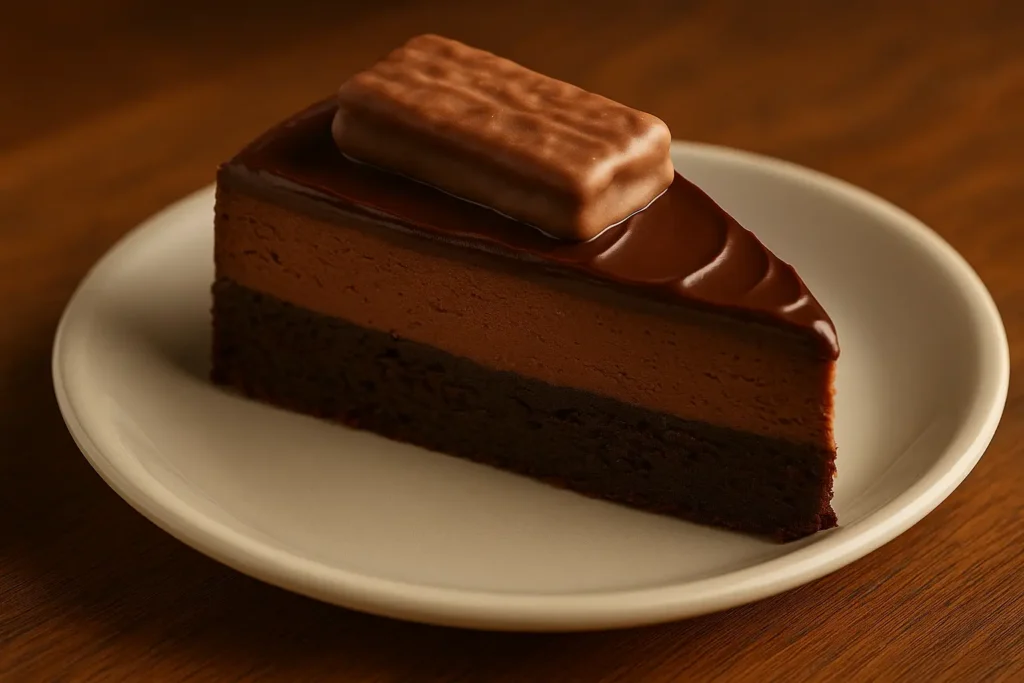 Tim Tam Brownie Cake slice with layers of fudgy brownie, chocolate mousse, and glossy ganache, topped with a Tim Tam biscuit on a white plate.