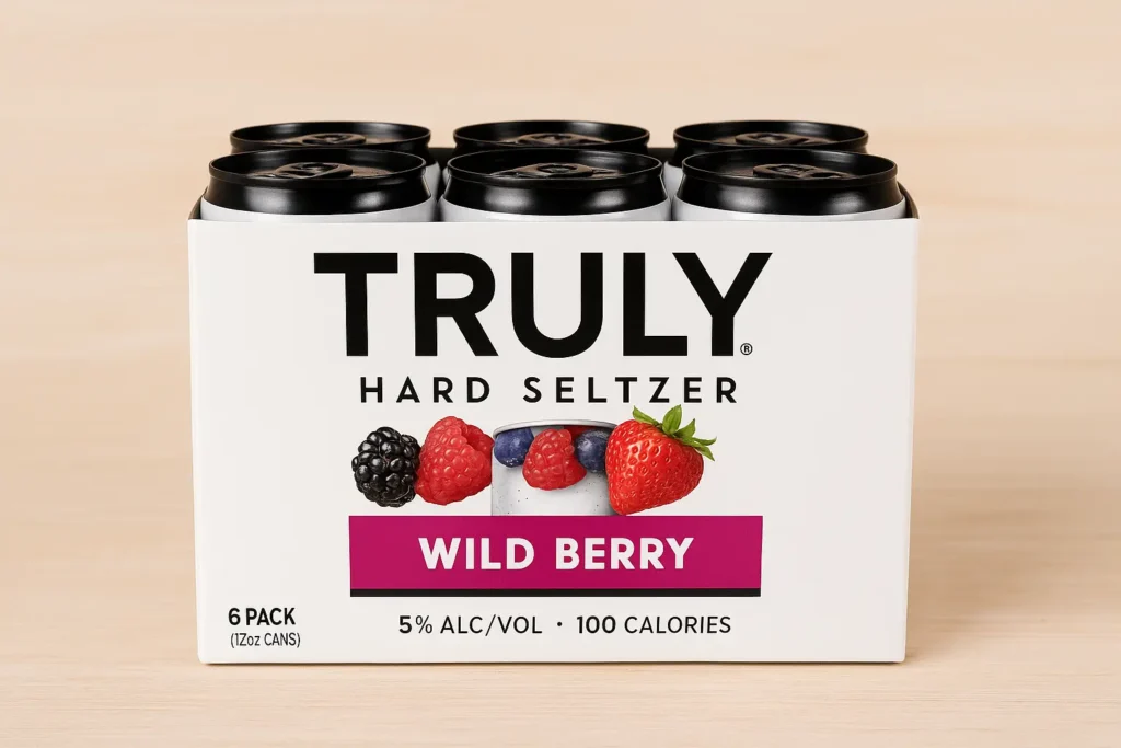 Six-pack of Truly Wild Berry Hard Seltzer featuring branded white packaging with strawberries, raspberries, blueberries, and blackberries displayed on the front.”