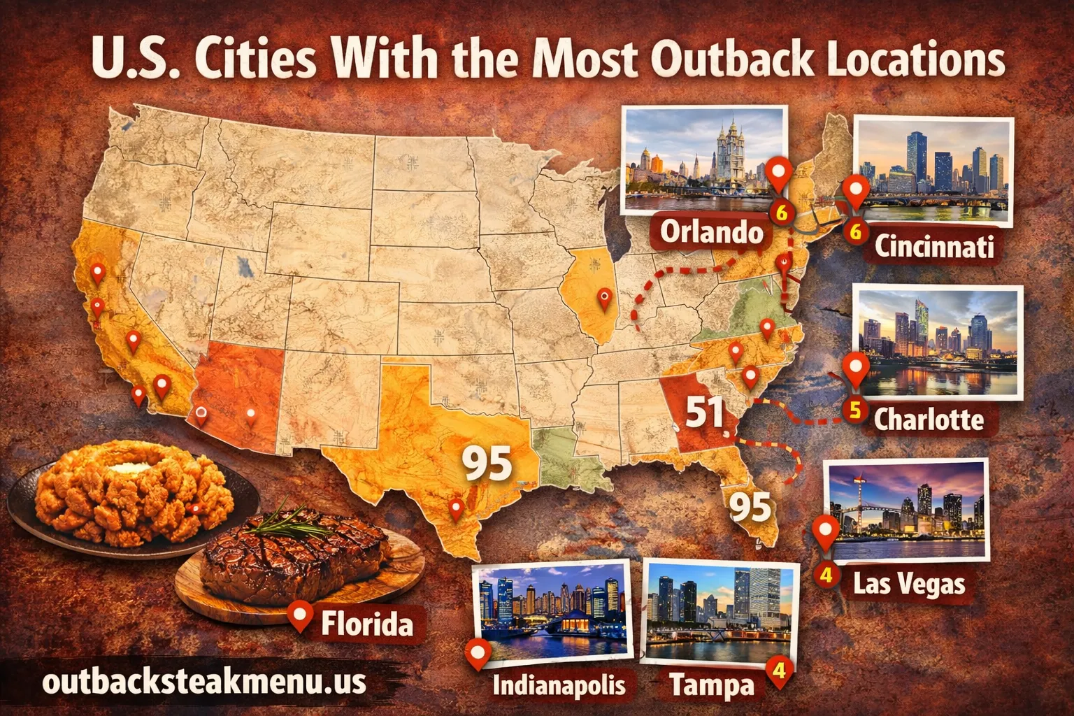 U.S. cities with the most outback locations including Orlando, Cincinnati, Charlotte, and Las Vegas