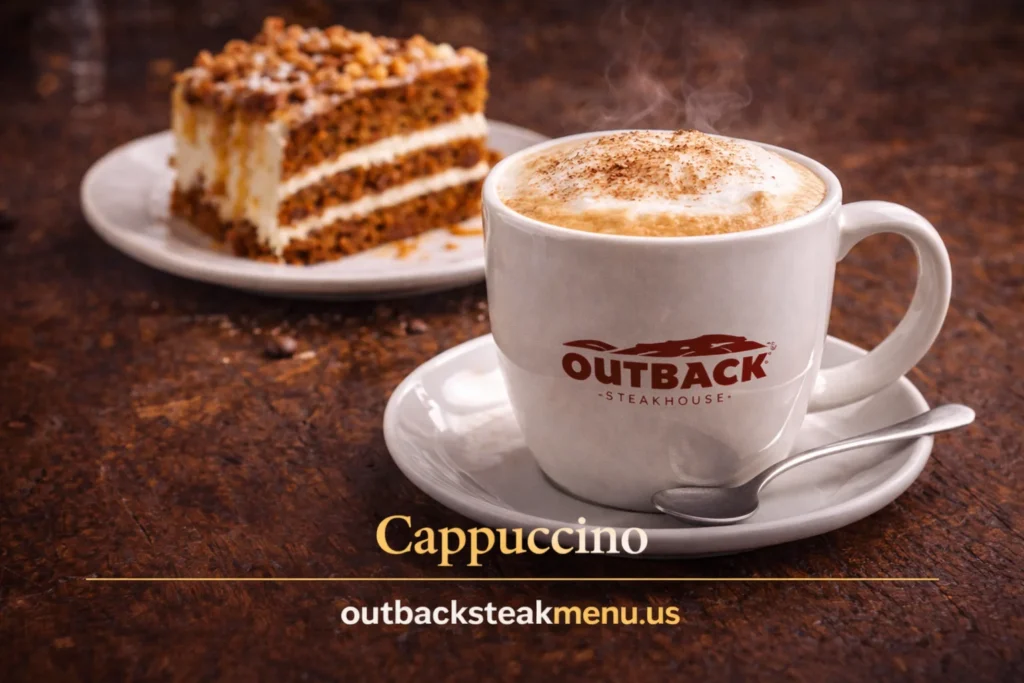 Cappuccino coffee served with triple layer carrot cake from Outback Desserts Menu with cream cheese frosting and nut topping