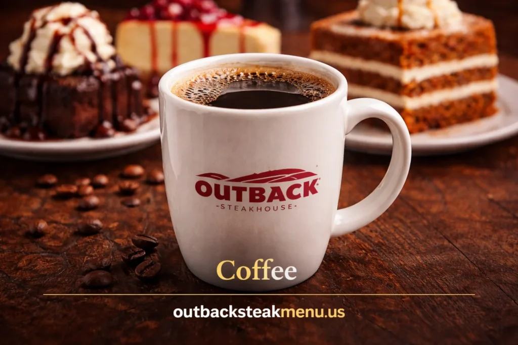 Hot coffee served with chocolate desserts from Outback Desserts Menu including brownie, cheesecake and carrot cake pairing
