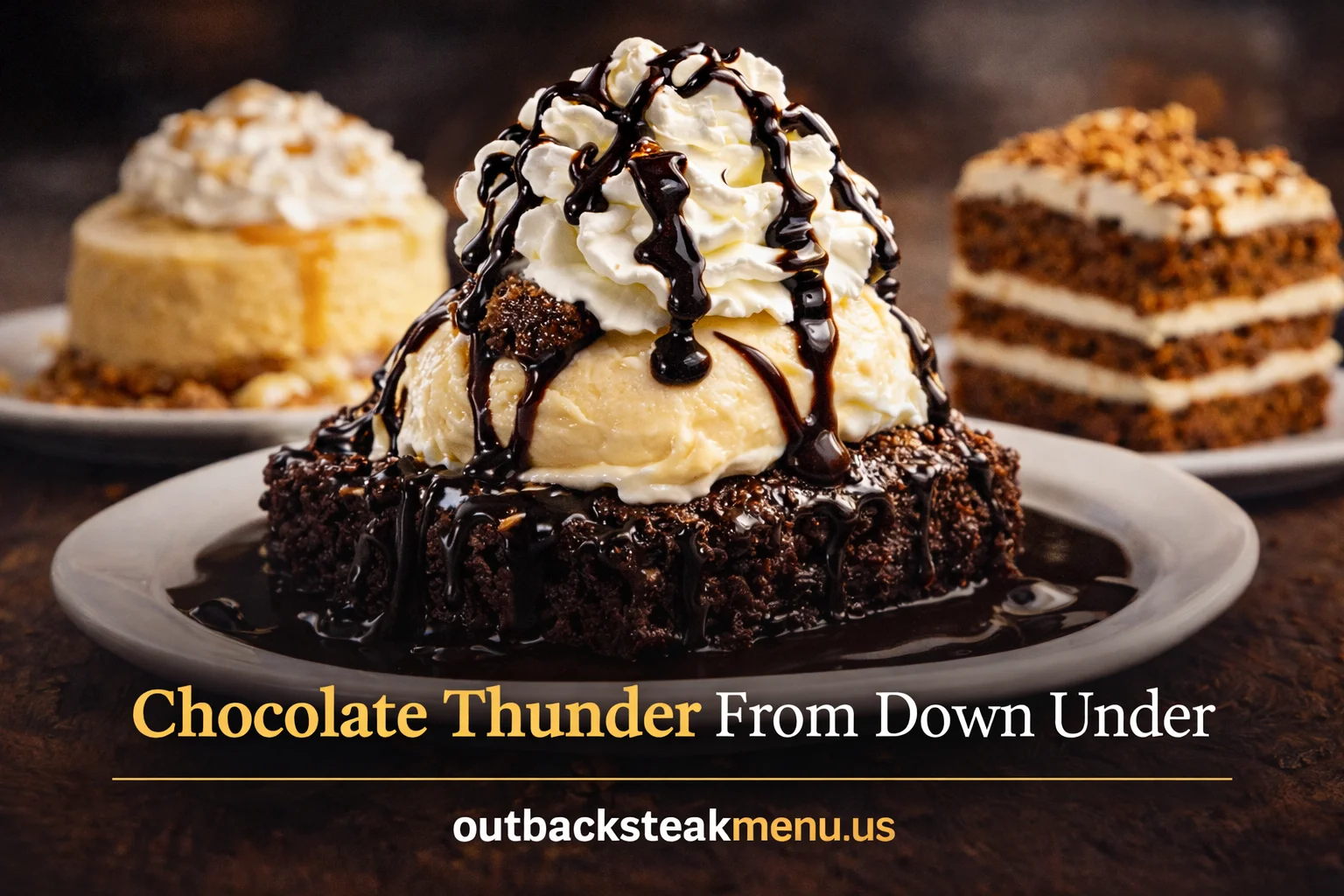 Chocolate Thunder From Down Under dessert from Outback Desserts Menu with brownie, vanilla ice cream, chocolate sauce and whipped cream