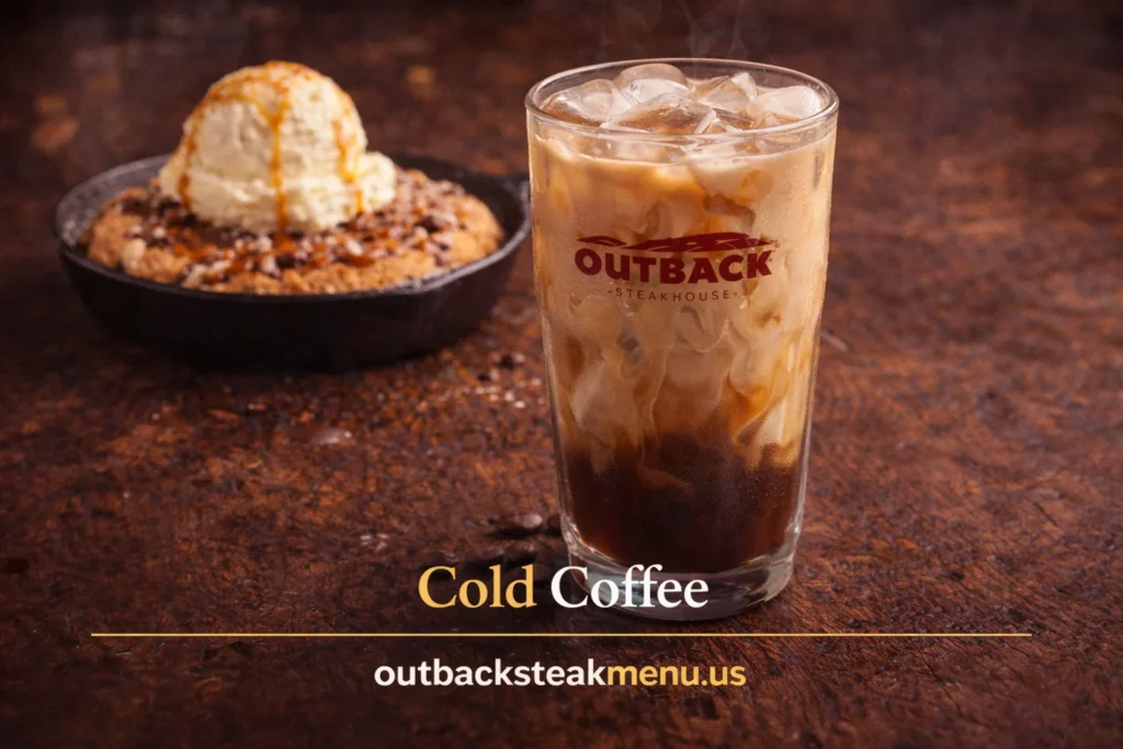 Cold coffee served with salted caramel cookie skillet from Outback Desserts Menu with ice cream and caramel topping