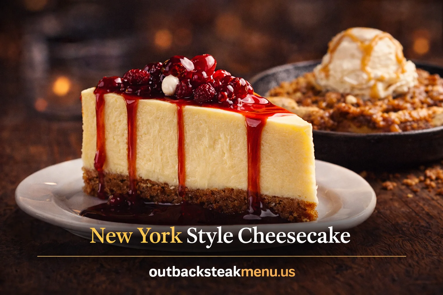New York Style Cheesecake from Outback Desserts Menu topped with raspberry sauce on creamy cheesecake slice with graham crust