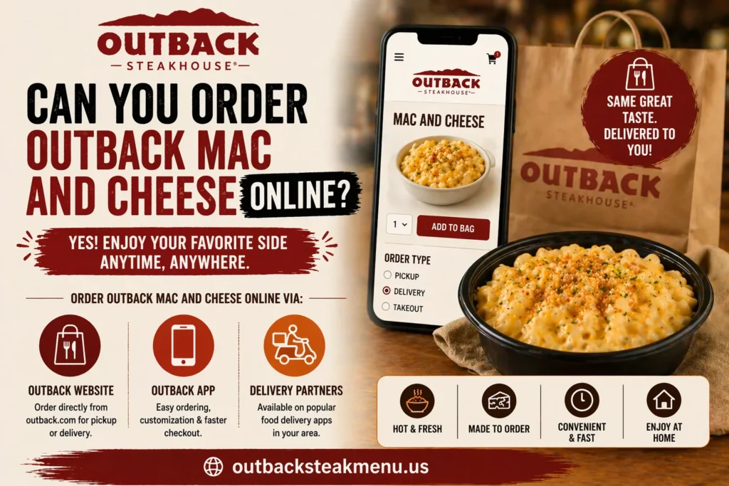 Infographic showing how to order Outback Mac and Cheese online using website app and delivery services with outbacksteakmenu.us branding