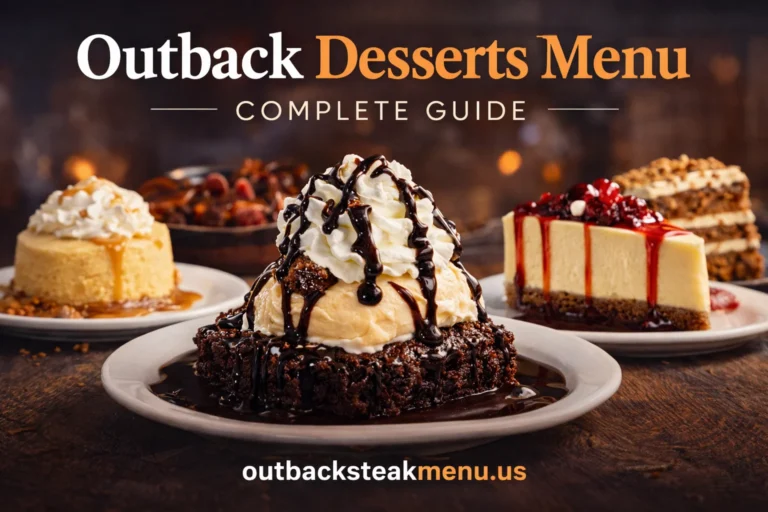 Outback Desserts Menu featuring Chocolate Thunder, cheesecake, butter cake, and carrot cake with rich toppings and outbacksteakmenu.us branding