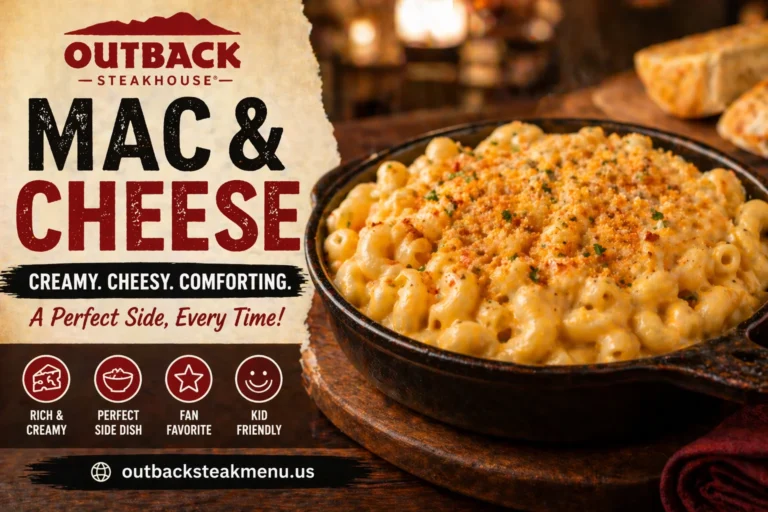 Outback Mac and Cheese creamy pasta dish with rich cheese sauce served hot in skillet with outbacksteakmenu.us branding