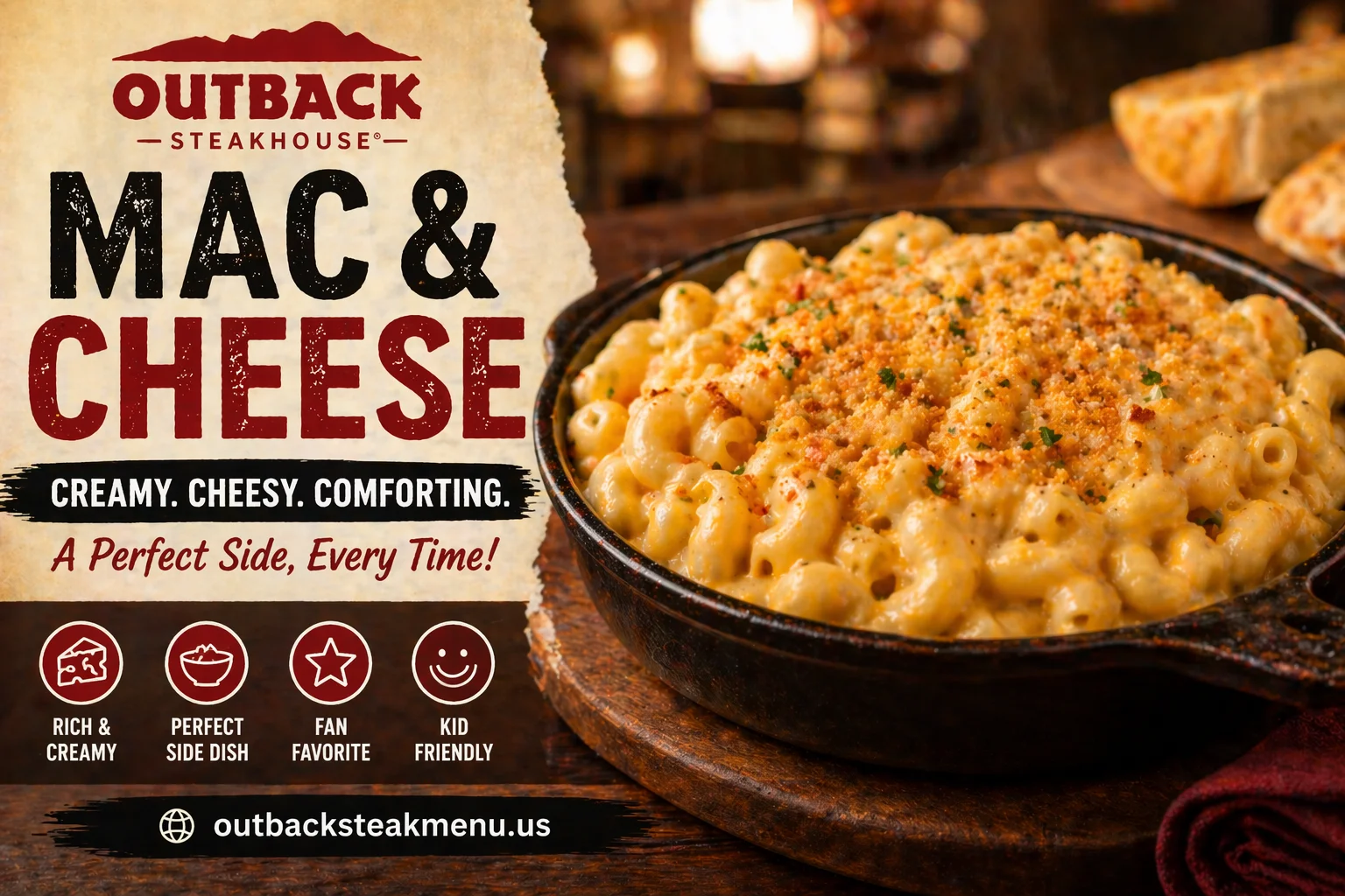 Outback Mac and Cheese creamy pasta dish with rich cheese sauce served hot in skillet with outbacksteakmenu.us branding
