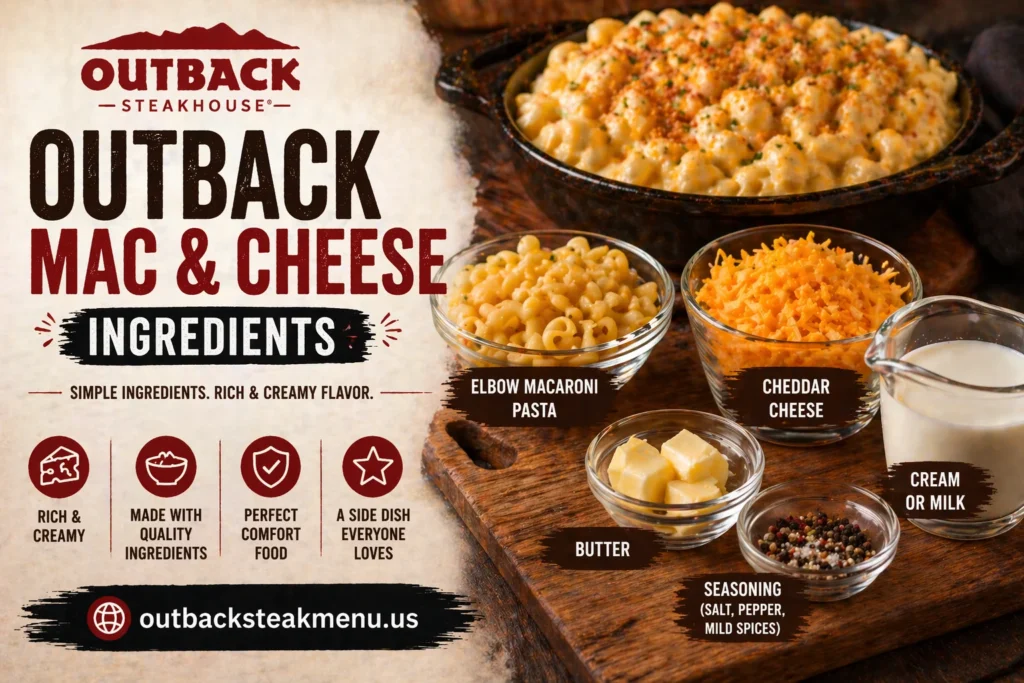 Outback Mac and Cheese ingredients including macaroni pasta, cheddar cheese, butter, cream, and seasoning displayed in infographic style