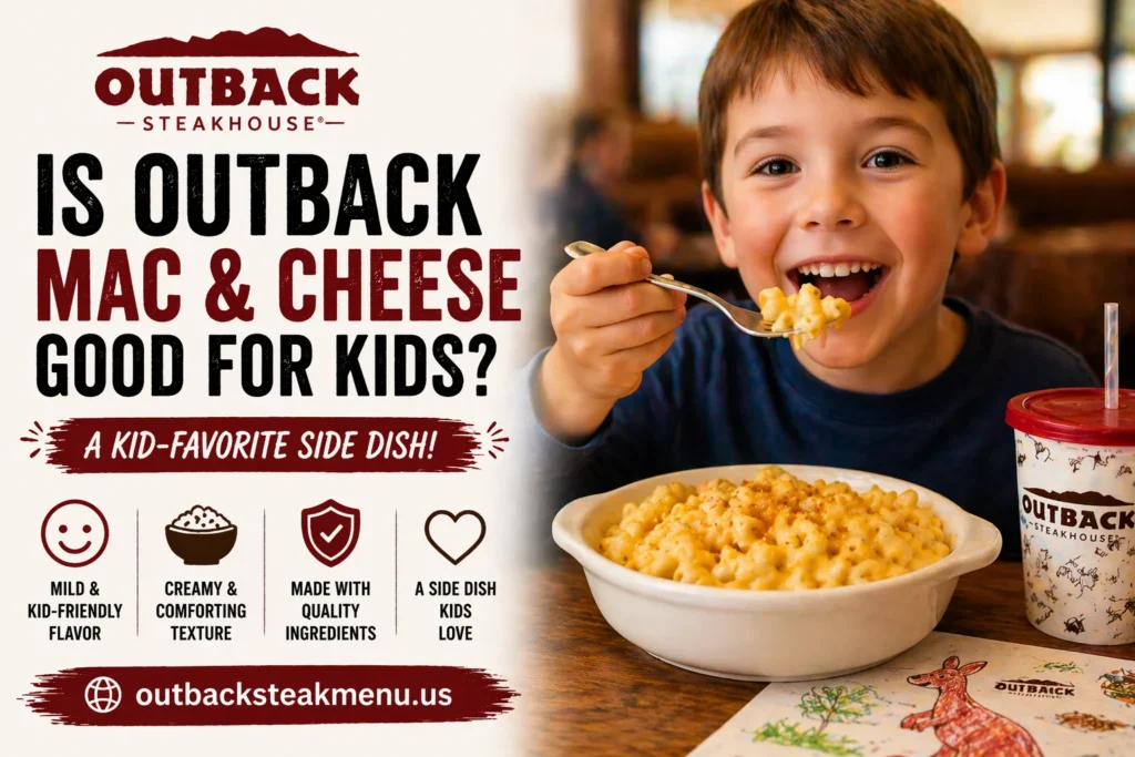 Child enjoying Outback Mac and Cheese creamy pasta dish showing kid friendly comfort food with outbacksteakmenu.us branding