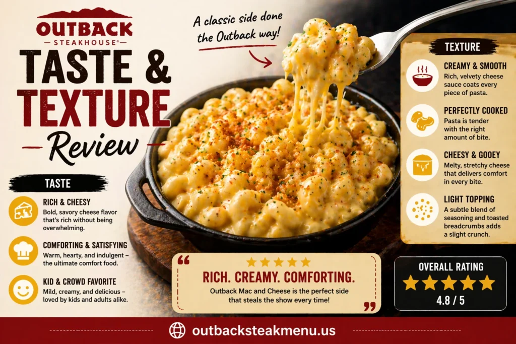 Outback Mac and Cheese taste and texture review showing creamy cheesy pasta with smooth sauce and rich flavor in skillet