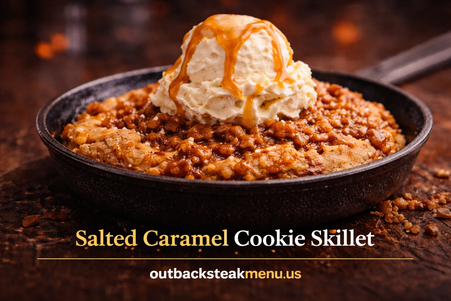 Salted Caramel Cookie Skillet from Outback Desserts Menu with vanilla ice cream, caramel drizzle, and warm cookie base